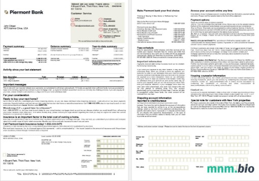 USA Piermont Bank wyciąg z kredytu hipotecznego w formatach Word i PDF, 2 strony